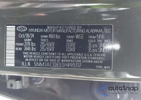 2025 Hyundai Tucson Se z USA, uszkodzony, nr VIN 5NMJACDE5SH490317